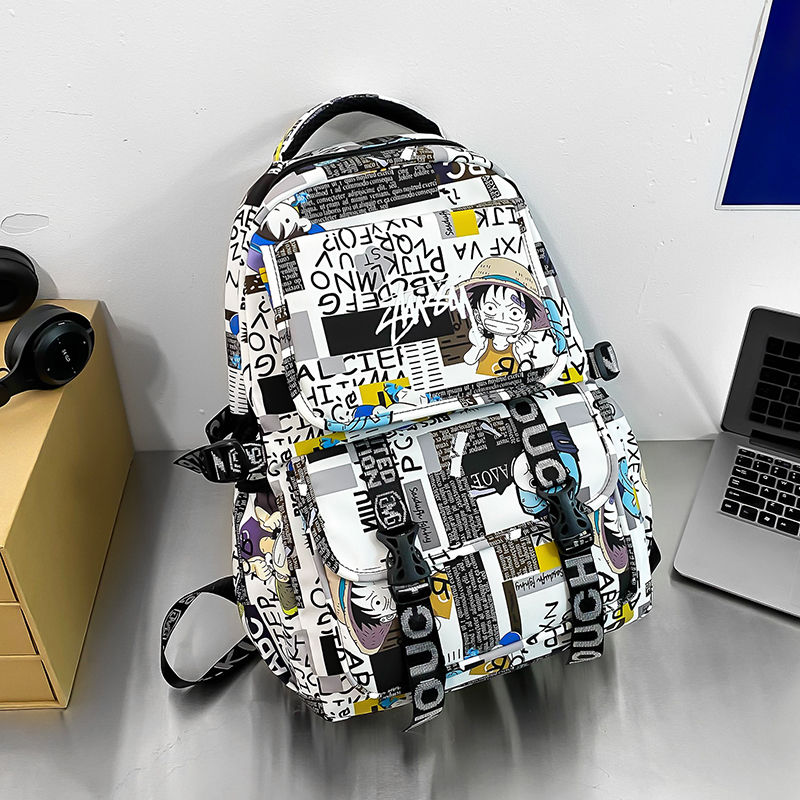 الصورة المصغرة: Anime Male and Female High-capacity One Piece Luffy Graffiti Printed Backpack fo