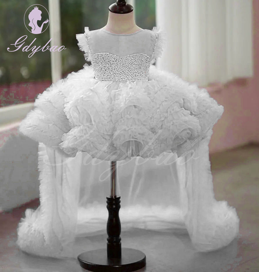 الصورة المصغرة: 2024 Green Flower Girl Dress For Wedding Tulle Layered Puffy With Pearls Baby Ki