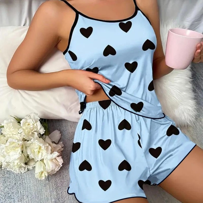 Women's Pajama Set Pajamas T-Shirts Shorts Pink Heart-Shaped Print Round Neck T-