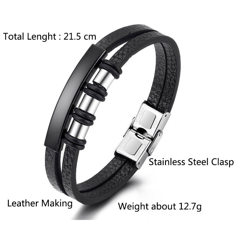 الصورة المصغرة: Genuine Leather Bracelet for Men Hip Hop Stainless Steel Charm Leather Wrap Brac