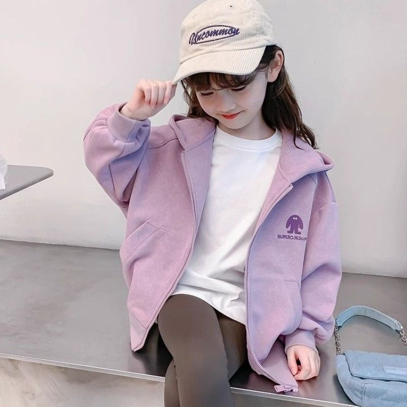 2025 New Girls Zip-up Hoodie Jacket with Printed Design, Cotton Blend Autumn Out