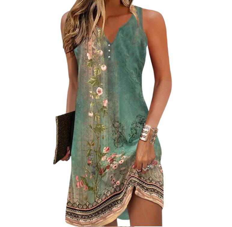 Women's Dresses Summer Fashion Stitching V Neck Loose Bohemian Vacation Woman B