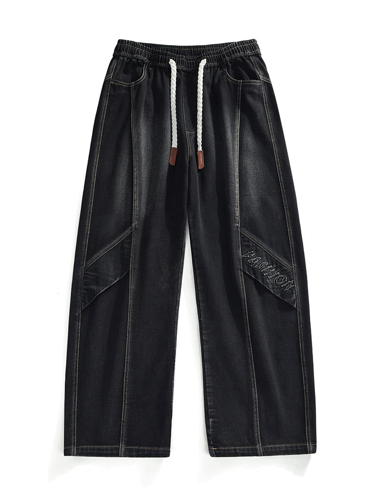 Thumbnail: Men's Straight Baggy Jeans with 4 Pockets Elastic Waist Drawstring Wide Leg Deni