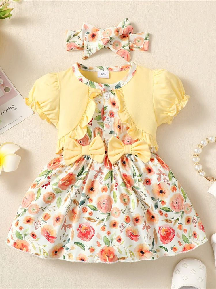 الصورة المصغرة: Baby Clothing Baby Girl Dress Bow Short sleeve Dress+Headband 2pcs fit 0-24 Mont