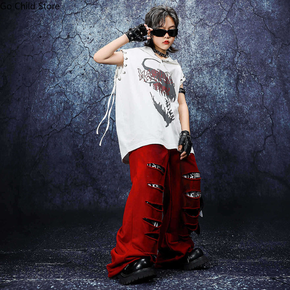 الصورة المصغرة: Boys Hip Hop Cool Hoodies Ripped Pants Girls K-pop Hooded Tank Top Streetwear Ki