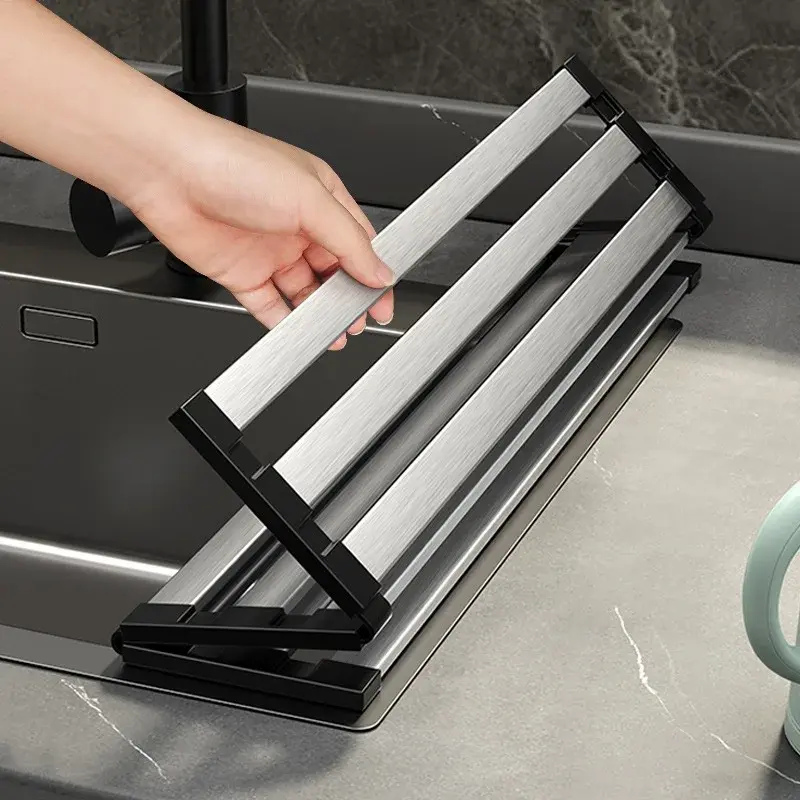 Thumbnail: 304 Stainless Steel Kitchen Sink Drain Rack Sink Bowl and Dish Storage Rack Fold
