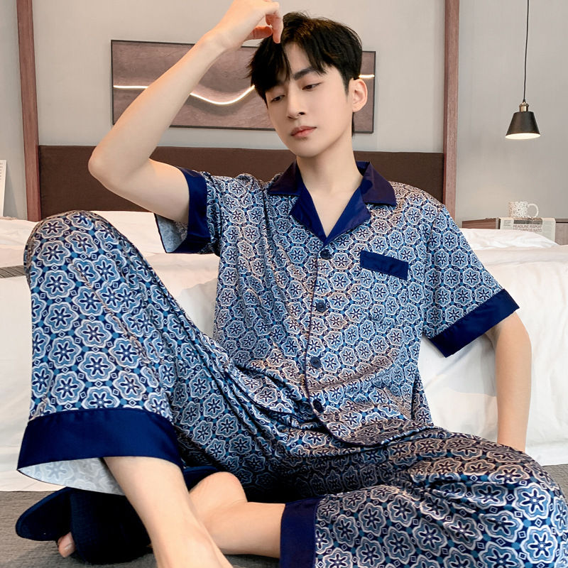 Men Pajamas Set Shorts Silk Satin Pajamas Long Sleeve Printed silk pajamas blue