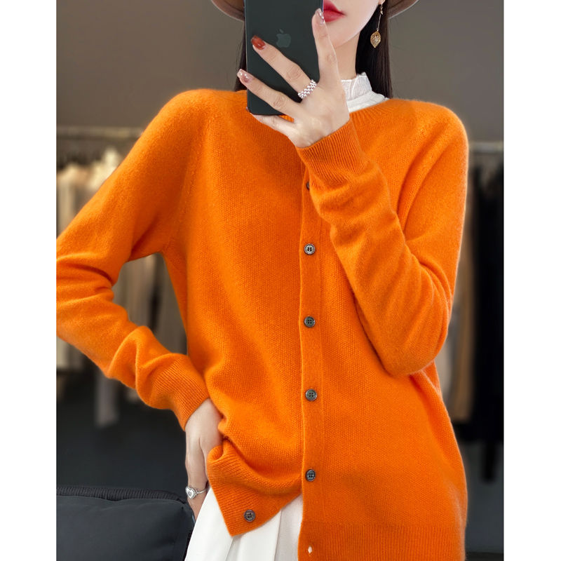 Thumbnail: Women's Fashion Merino Wool Sweater Knitted Cashmere Cardigan Basic O-Neck Top f