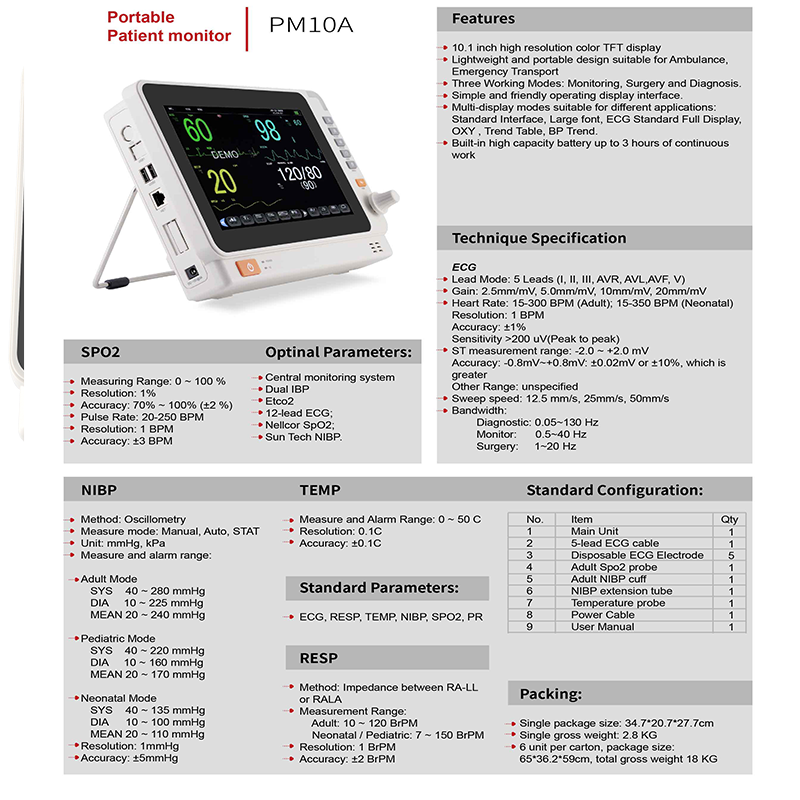 Thumbnail: 10 inch thin screen human/Vet use portable 6-parameter monitor ECG/NIBP/PR/SPO2/