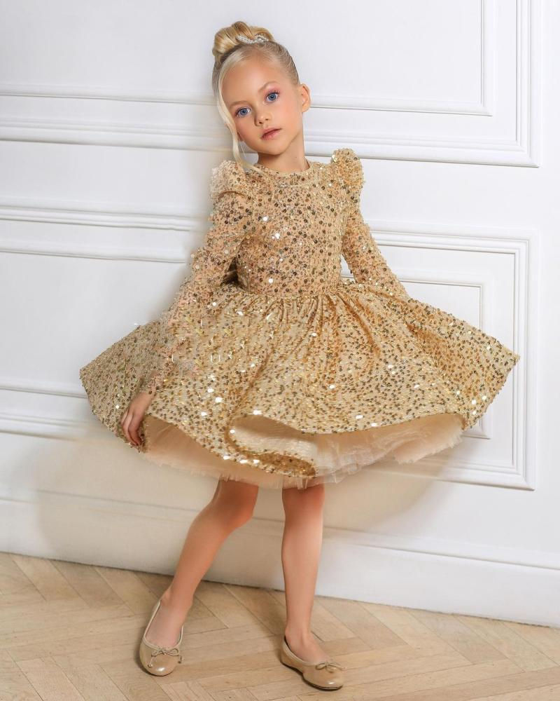 Children's Dress Golden Birthday Party Runway Sequin Butterfly-knot Long Sleeved