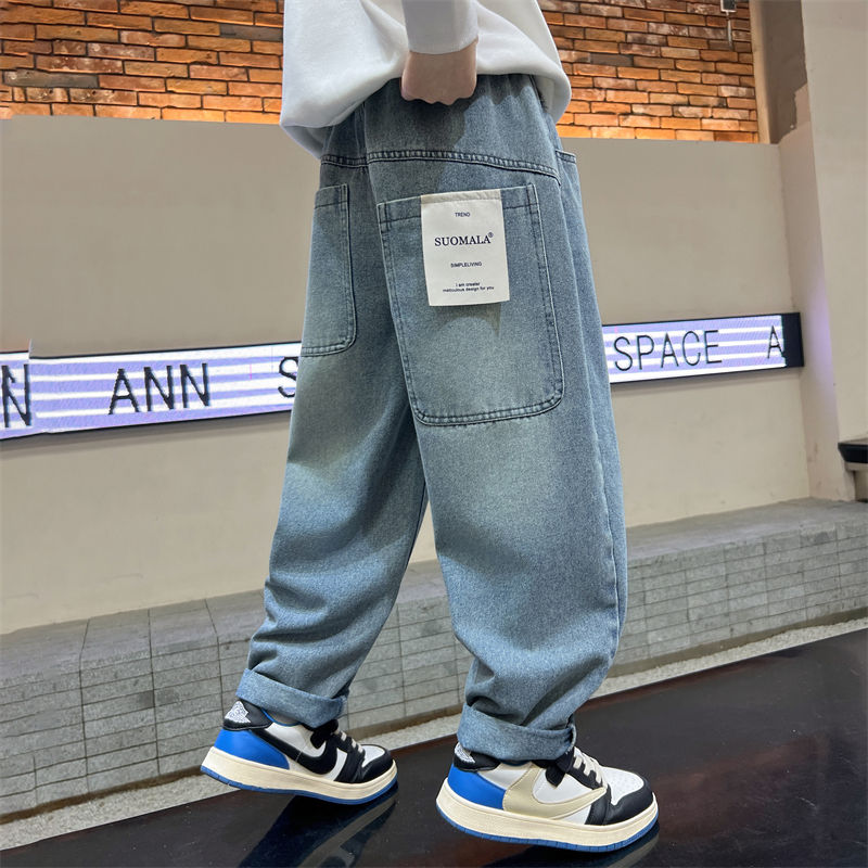Thumbnail: Boys big pocket letter straight jeans street style back pocket big pocket jeans 