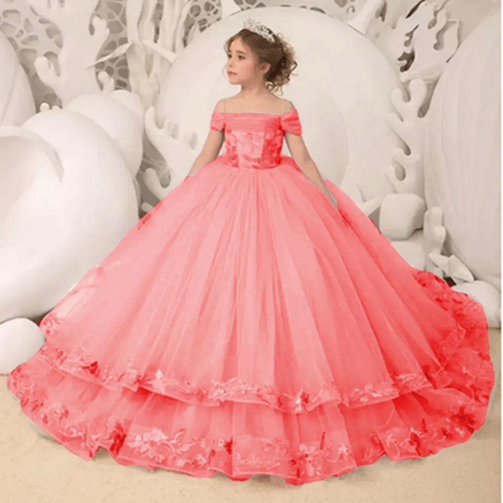 الصورة المصغرة: Elegance Off The Shoulder Fluffy Flower Girl Dresses For Wedding Appliqued Ruffl