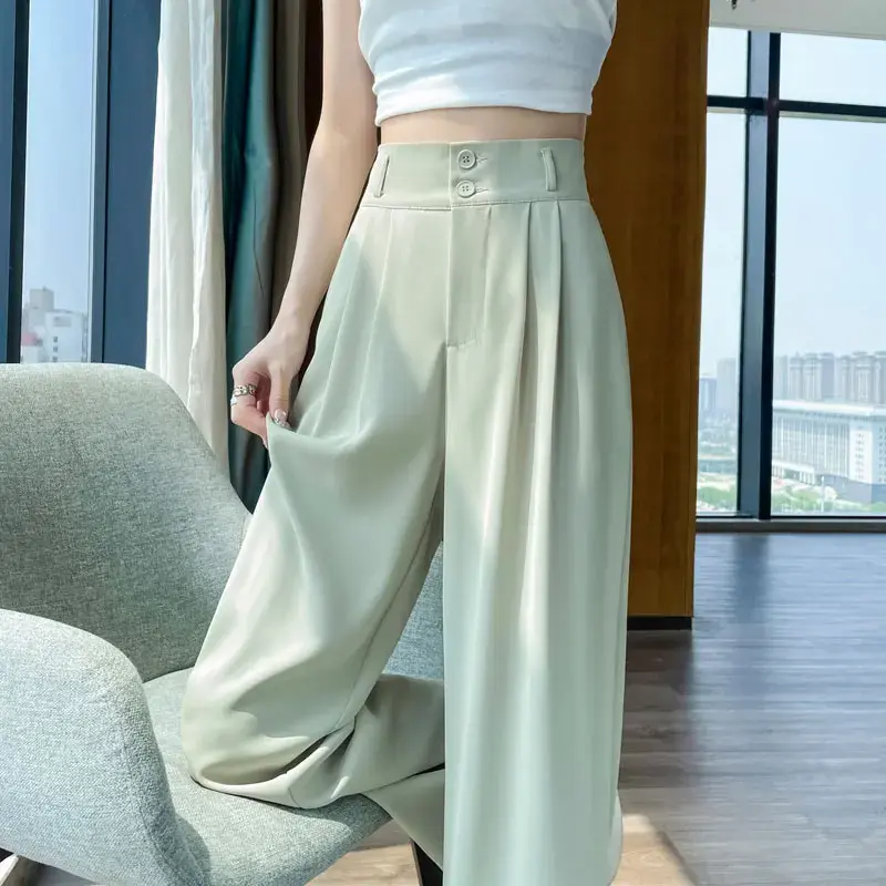 2025 New Spring Summer Button High Waist Wide Leg Pants for Women White High Wai