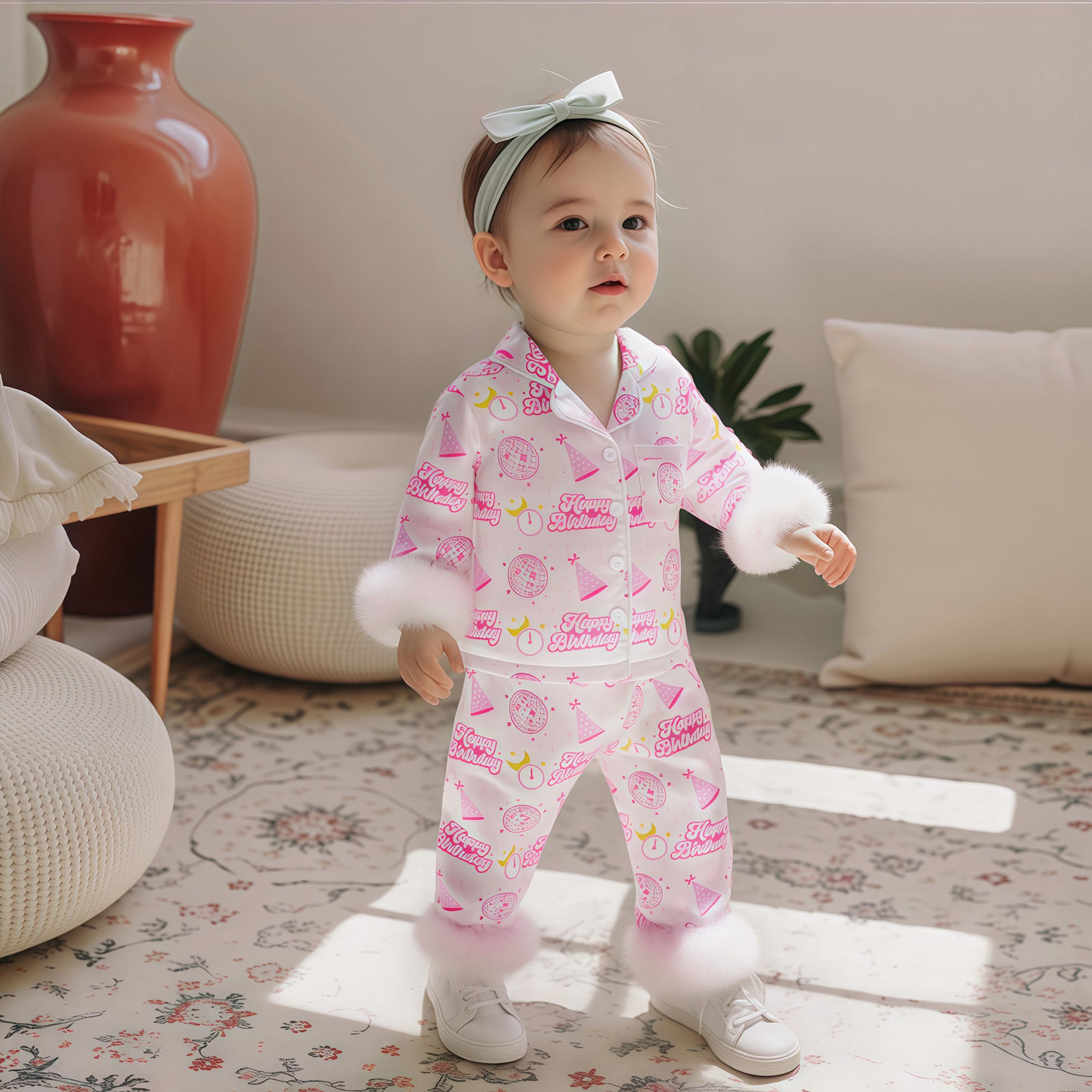 Toddler Girl Christmas Fall Pajamas Set Letter Ball Print Lapel Long Sleeve Butt