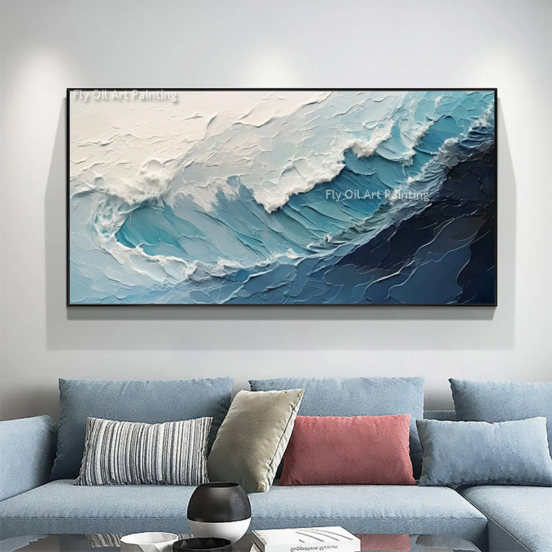 Thumbnail: Large White Blue Seawave Knife Thick Oil Painting Handmade Beige Beach Canvas Pa