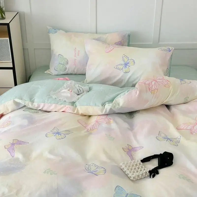 Thumbnail: Pink Floral Bedding Set Soft Ins Single Double Queen Size Duvet Cover Flat Sheet