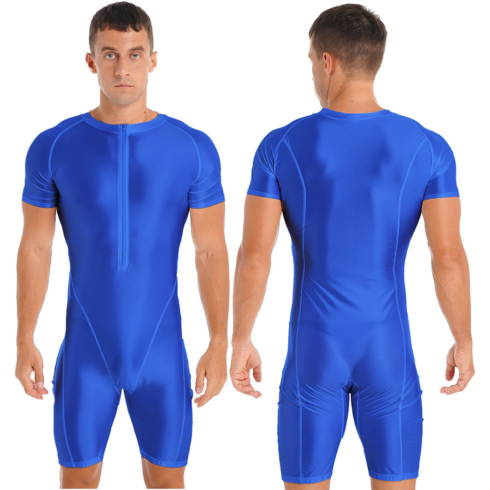 Thumbnail: Men Glossy One-Piece Swimsuit Short Sleeve Zipper Jumpsuit Solid Color Bodysuit 