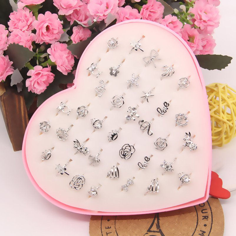 الصورة المصغرة: 10pcs/Lot Hollow Alloy Finger Rings For Kids Girls Gold Silver Color Rhinestone 