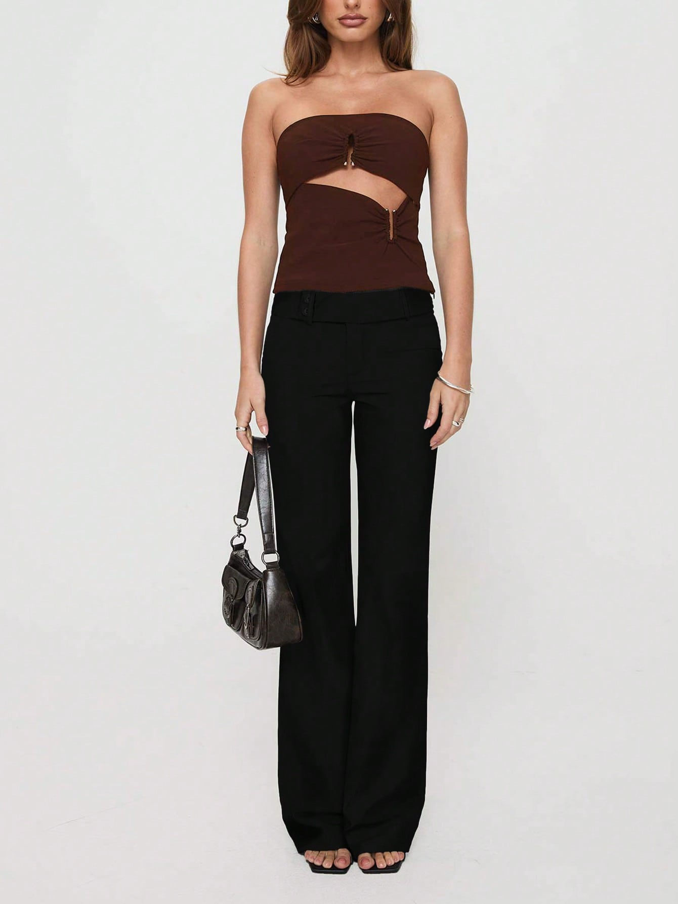 Women Low Drop Waist Casual Work Business Waist Button Design Elastic Waist Colo