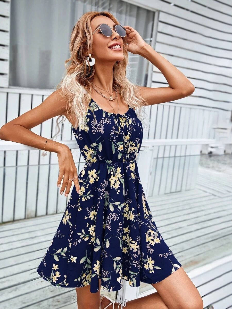 Thumbnail: Sexy Floral Print Short Dress Women Summer Fashion Black Backless Beach Sundress