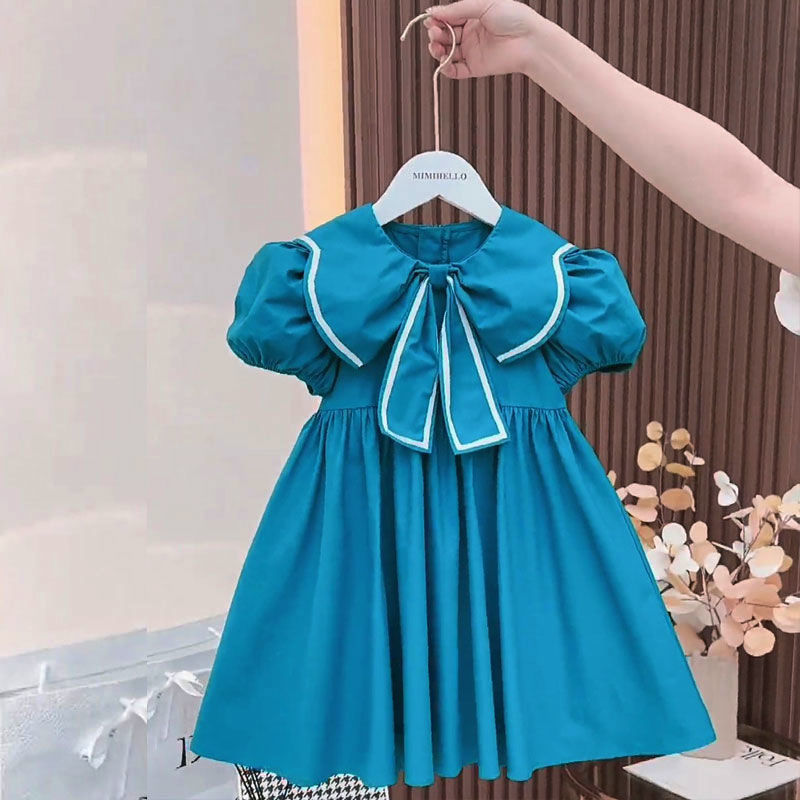 Baby Girls Dress Summer Blue Cute Puff Sleeves Elegant Princess Dress With Flowe