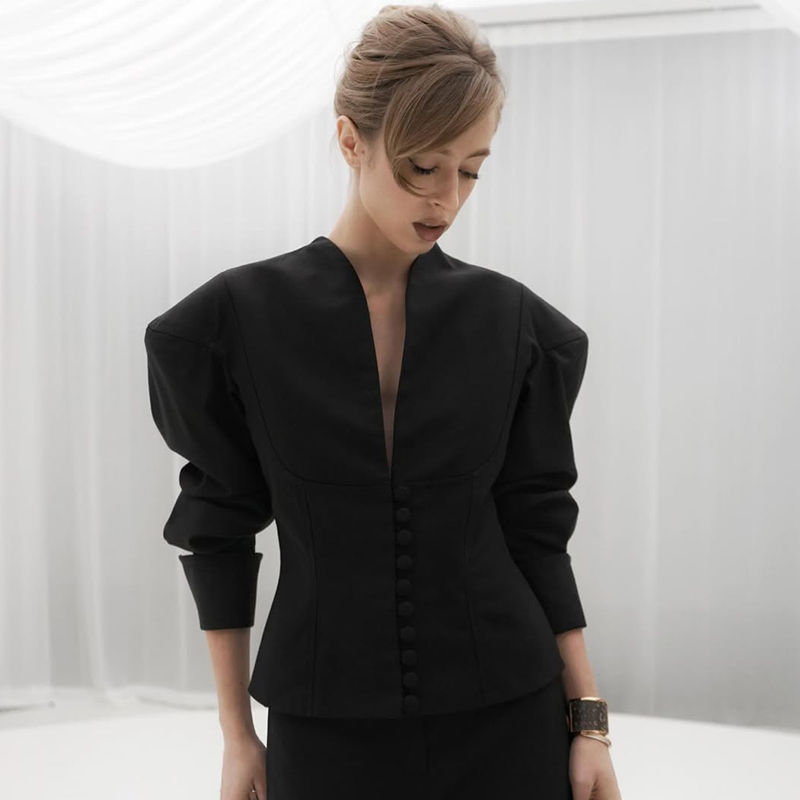 الصورة المصغرة: Tornova 2025 Autumn New Waist-closed Blazer Coat Women's V-neck Long Sleeve Butt