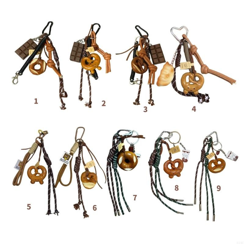 الصورة المصغرة: 634C Bagel Pretzel Chocolate Bag Charm Pendant Keyring Braided Rope Keychain Cha