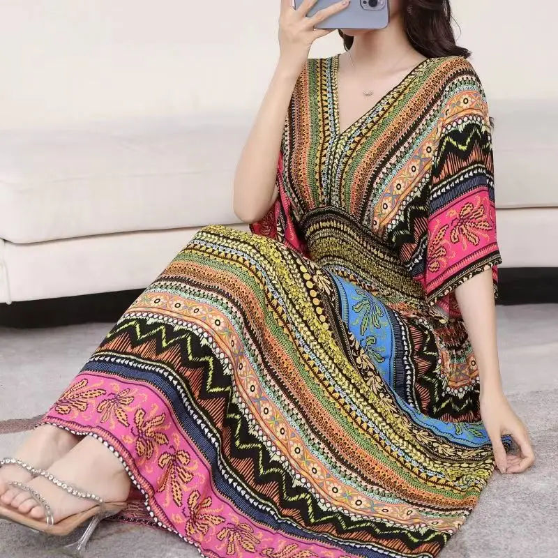 Thumbnail: Autumn Chic Trend Sweet Casual Countryside Printed Dress V-Neck Batwing Short Sl