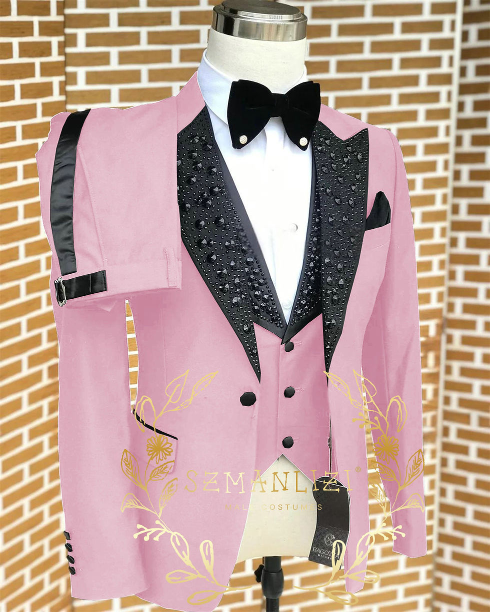 Thumbnail: Black Men Suits Luxury Stone Crystal Tuxedos Bespoke Groom Wear 3 Pieces Busines