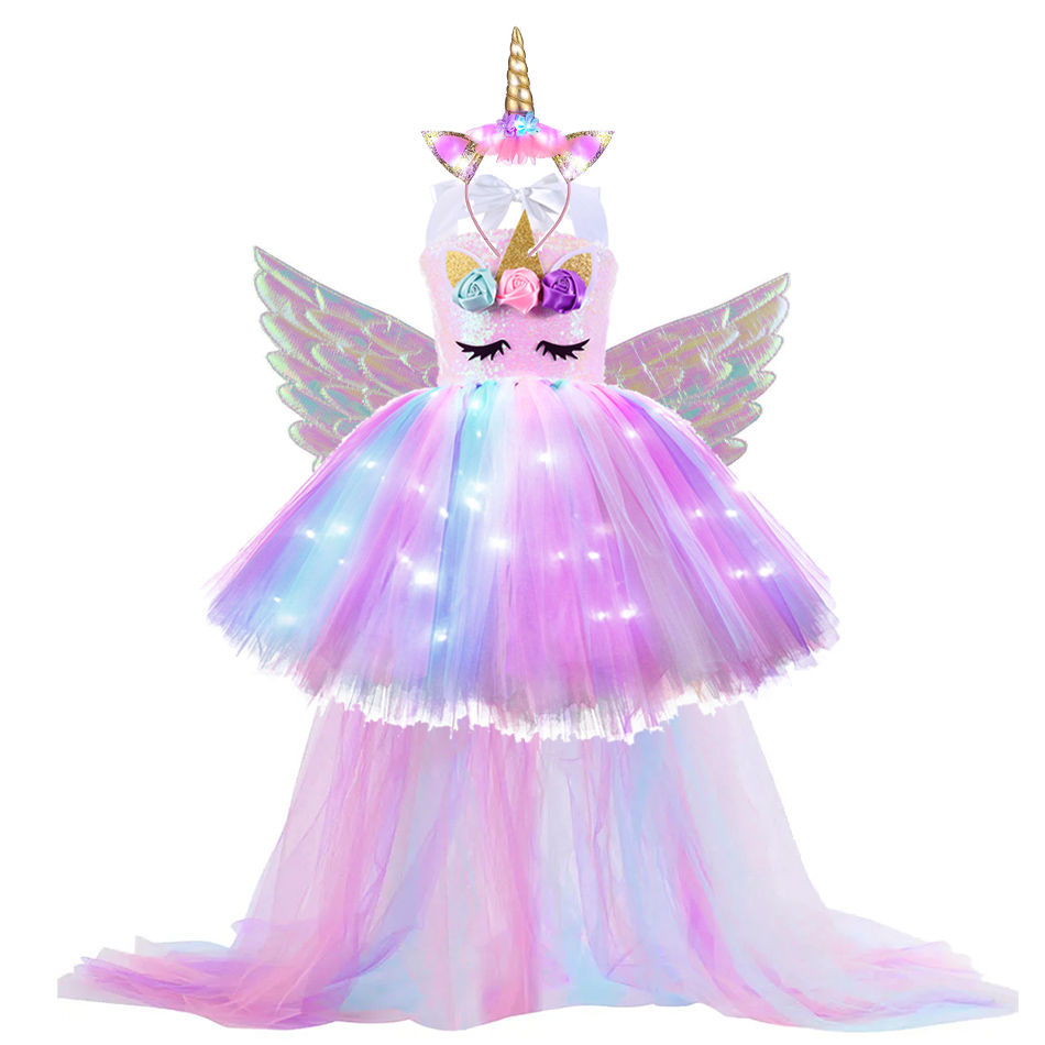 الصورة المصغرة: Kids Long Tail Unicorn Dress with LED Lights Girls Birthday Party Dress Princess