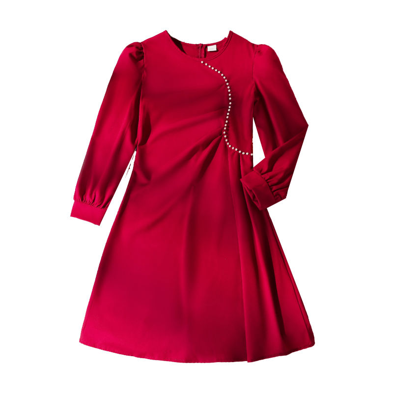 2025 Spring And Autumn New Kids Clothing Solid Color Red Pearl O-Neck Long Sleev