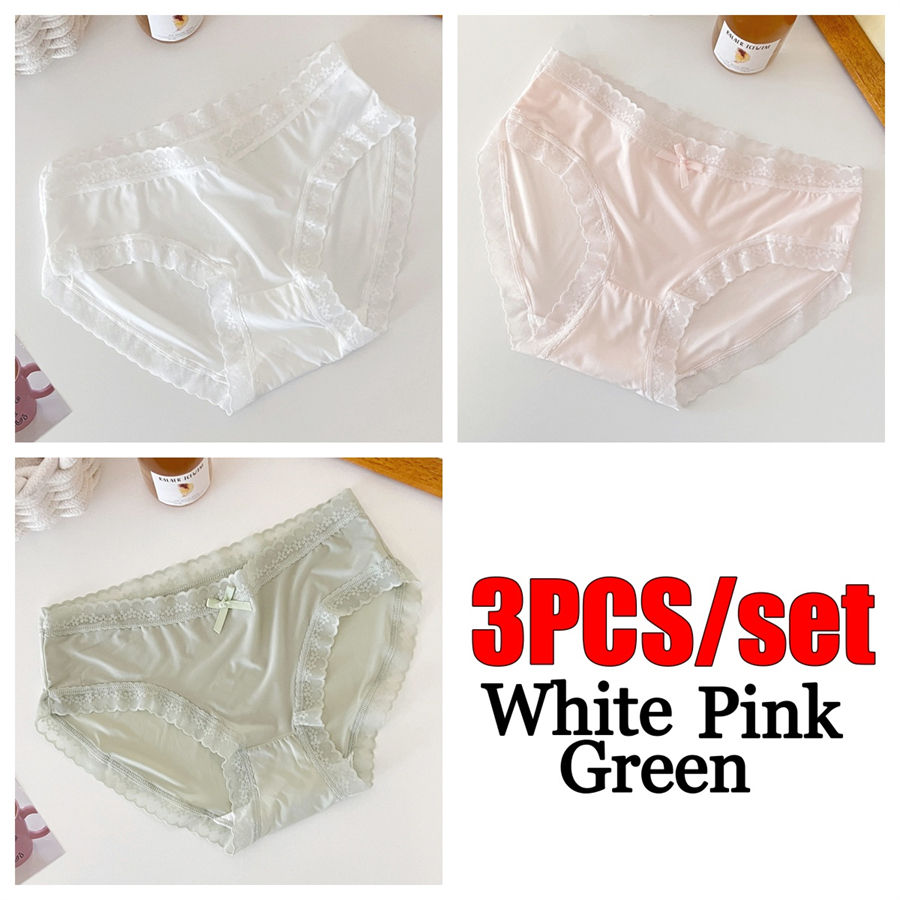 الصورة المصغرة: 3Pcs Ice Silk Lace Panties Seamless Soild Underwear For Women Sexy Ultra-thin Br