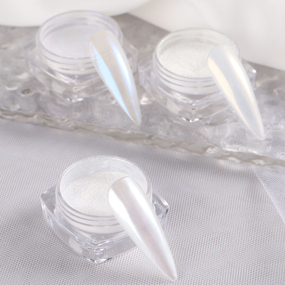 Thumbnail: Moonlight Pearl White Nails Glitter Dust Chrome Aurora White Rubbing on Powder S