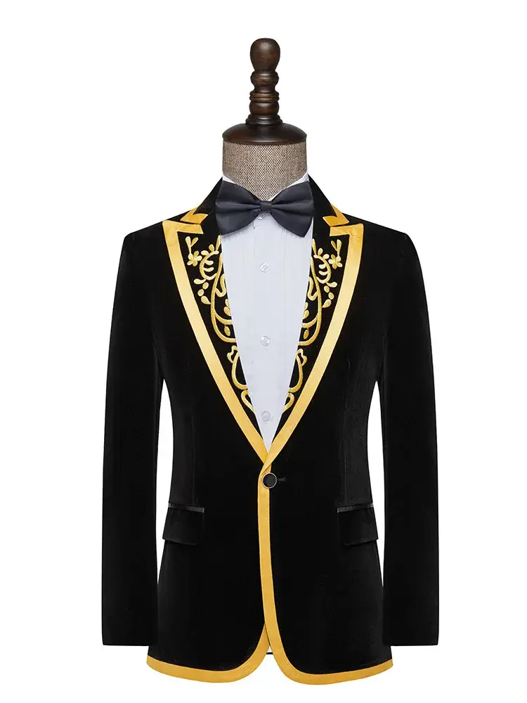 الصورة المصغرة: New Men High Quality Golden Velvet Embroidered Suit Slim Fit Jacket Fashion Homm