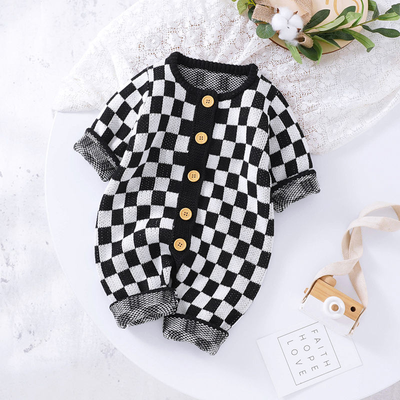 الصورة المصغرة: Baby Girl Boy Knitted Jumpsuit Checkerboard Round Neck Long Sleeve Button Up Rom