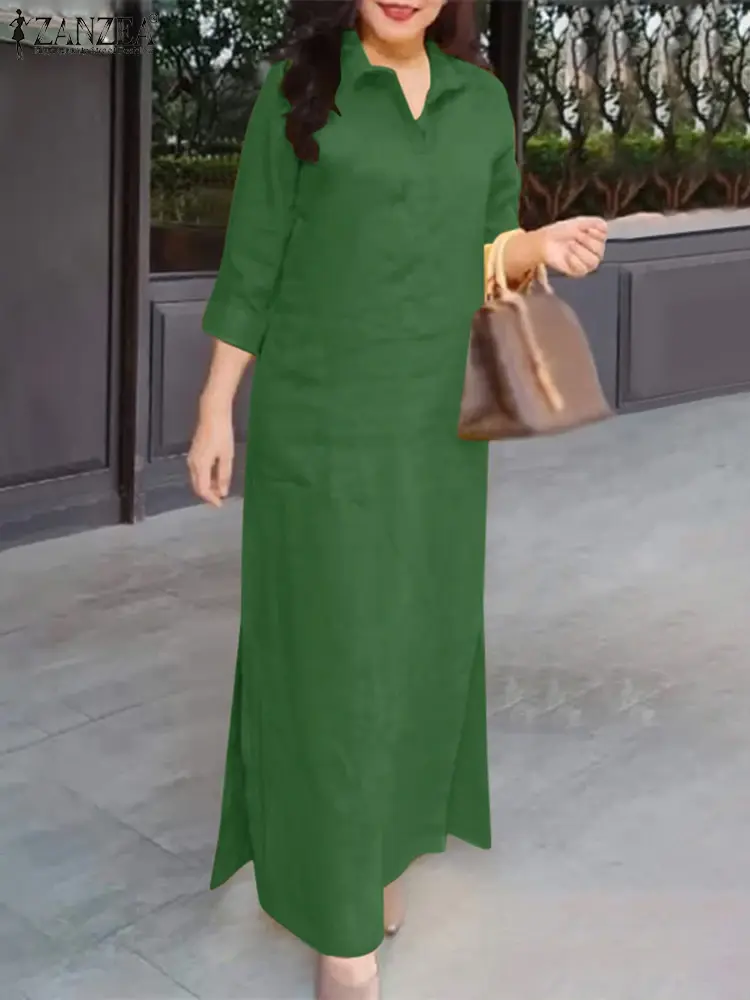2025 ZANZEA Autumn Dress Plus Size Women Long Shirt Dress Vintage Lapel Neck 3/4