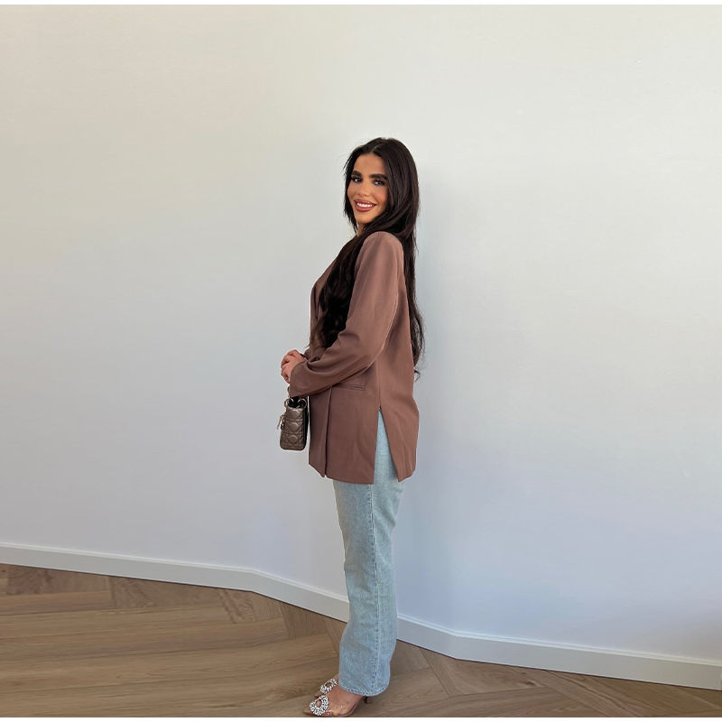 الصورة المصغرة: Casual One Button Blazers Women Loose Solid Lapel Half Sleeve Pockets Suit Jacke