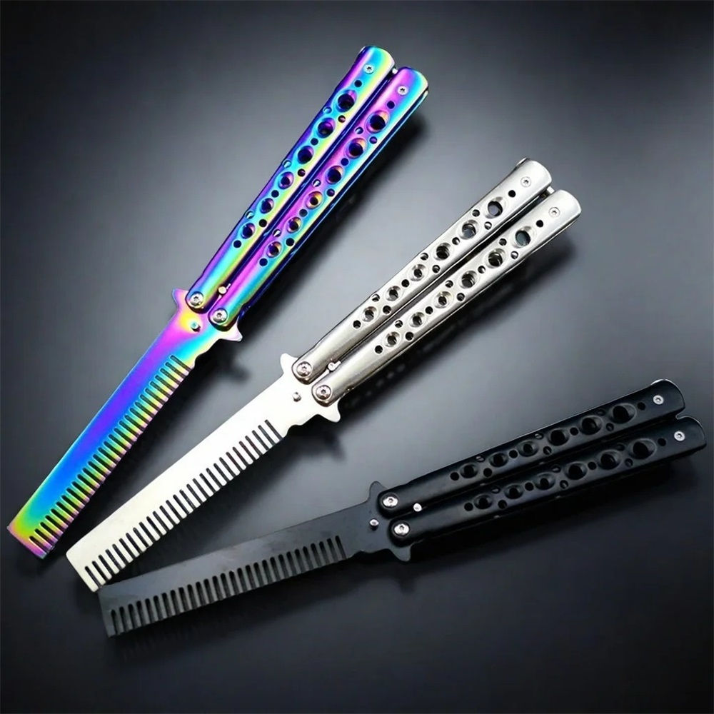 Foldable Comb Stainless Steel Practice Training Butterfly Knife Comb Beard Moust