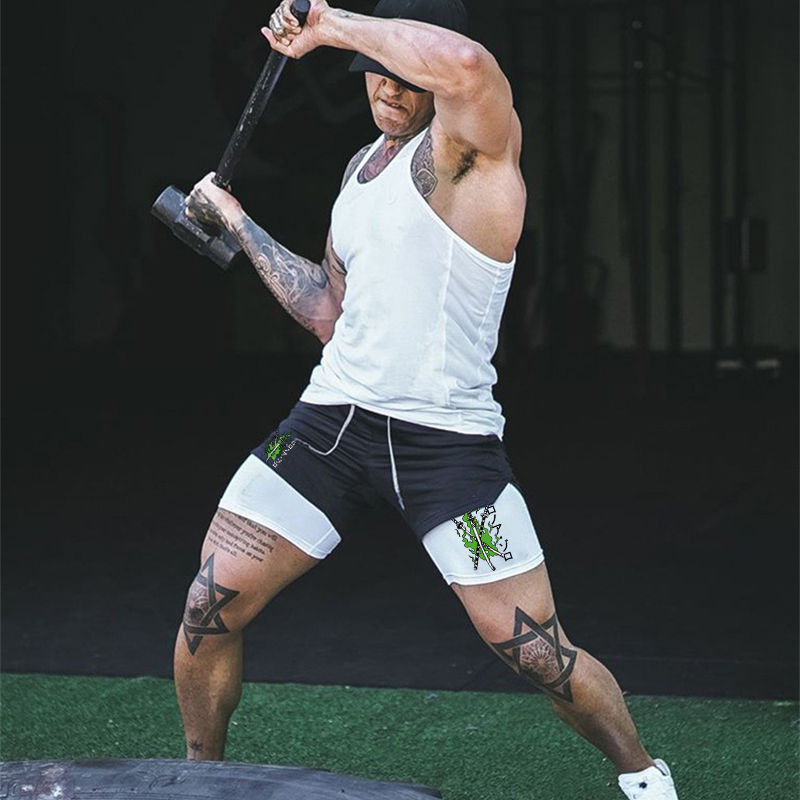الصورة المصغرة: Print 2 in 1 Running Shorts for Men Gym Workout Compression Shorts with Phone Po