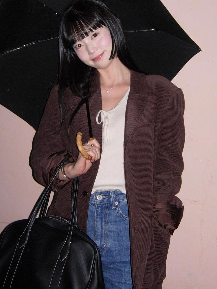 الصورة المصغرة: East Gate Ladies' Casual Sle Brown Corduroy Suit Jaet Loose Fit Profional Casual