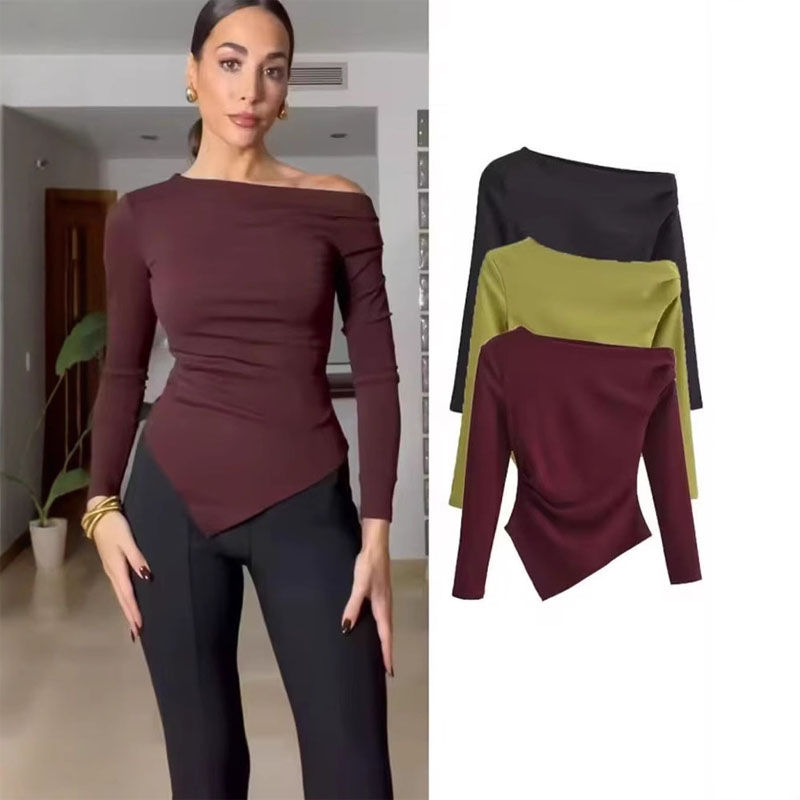 HXAO Women's T-shirt Summer Tops One-shoulder Asymmetrical long sleeve T-shirts