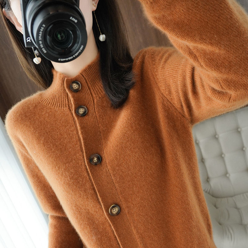 الصورة المصغرة: Cardigan coat women's spring and autumn short 100% pure cashmere stand-neck swea