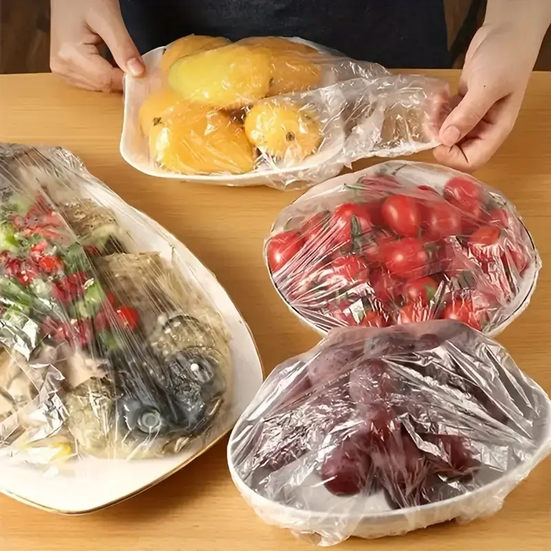 Thumbnail: 100pcs Disposable Food Cover Saran Wrap Bowel Cover Food Grade Fresh-keeping Pla