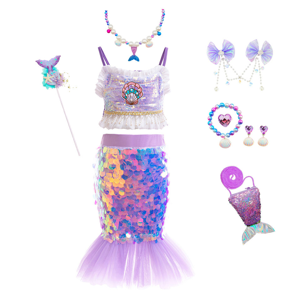 الصورة المصغرة: Little Mernaid Princess Dress Girls Mesh Sequin Fishtail Skirt Children Beach Dr