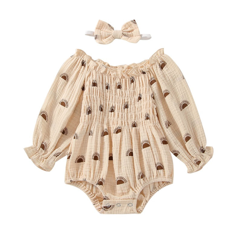 الصورة المصغرة: 2Pcs Baby Girl Fall Outfit Sun Print Ruffled Boat Neck Long Sleeve Romper Hairba