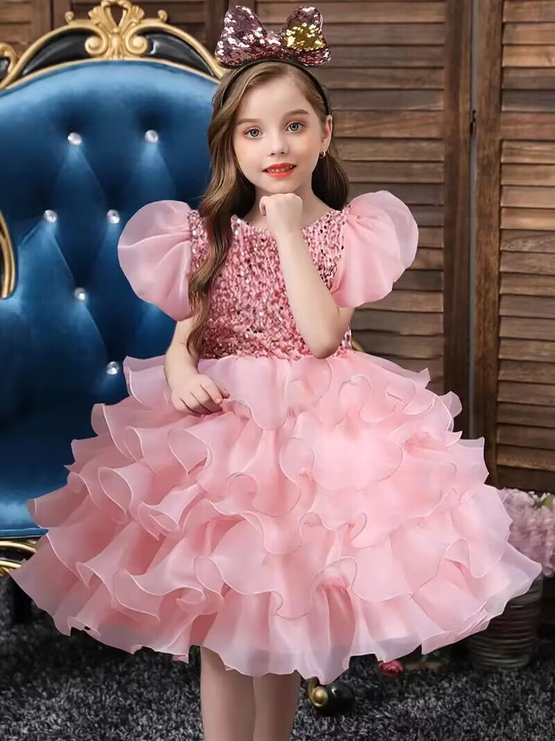 Little Girls Sequined Party Ball Dress With Big Bow Headband, Kids Special Party