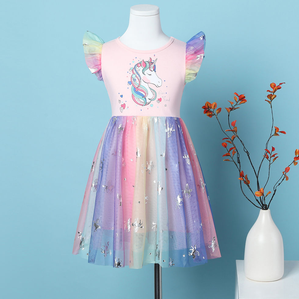 الصورة المصغرة: Girl's Summer Cartoon Unicorn Print Rainbow Mesh Splice Princess Birthday Party 