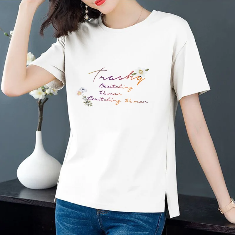 Thumbnail: 100 Cotton Summer Round Neck Short Sleeve Printed T-shirt Women Loose Elegant To