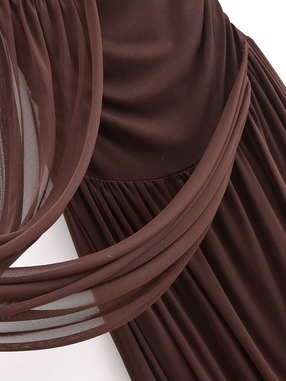Thumbnail: YENKYE Mesh Patchwork Irregular Women Long Dress O Neck Short Sleeve Dark Brown 