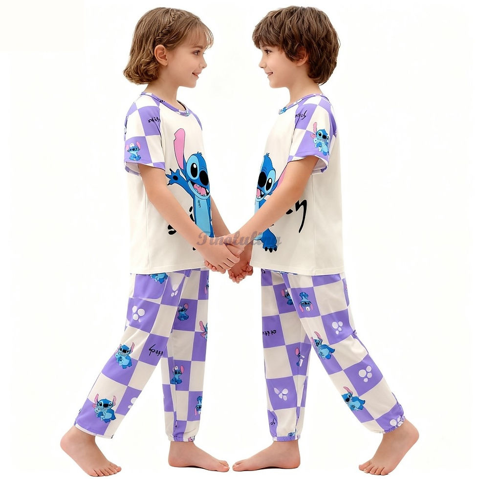 الصورة المصغرة: 2pcs Kid's Stitch Pattern Pajamas Short Sleeve Top & Pants Set Cartoon Hello Kit